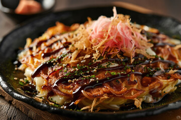 Vibrant Okonomiyaki Food Artwork., street food and haute cuisine
