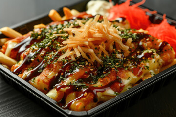 Trendy Okonomiyaki Fries Composition, street food and haute cuisine