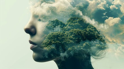The green silhouette of a human profile combines natural elements, leaves and trees, mountains. Illustrating an eco-friendly lifestyle. - obrazy, fototapety, plakaty