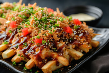 Delicious Trendy Okonomiyaki Fries Viewing, street food and haute cuisine
