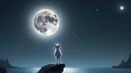A tiny, mysterious being with luminous eyes, gazing up at a shimmering full moon in awe.