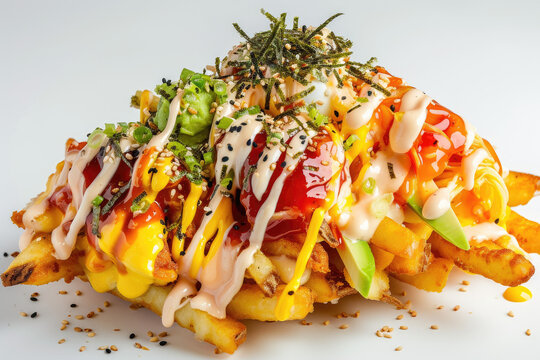 Savory Okonomiyaki Fries Photo, street food and haute cuisine