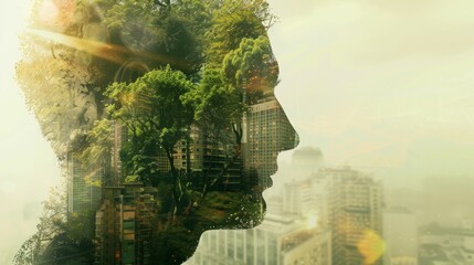 The green silhouette of a human profile combines urban and natural elements, illustrating an environmentally friendly lifestyle.