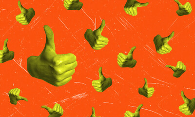 Female hand showing thumbs up gesture on red background, art collage. Positive hand sign.