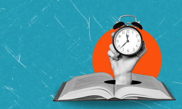 Art collage, hand with book alarm clock on blue background.