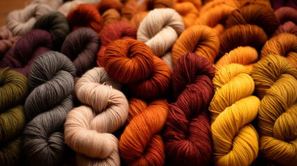 many skeins of multi-colored yarn in natural shades (brown, yellow, orange, burgundy).  Knitting and crochet. - obrazy, fototapety, plakaty