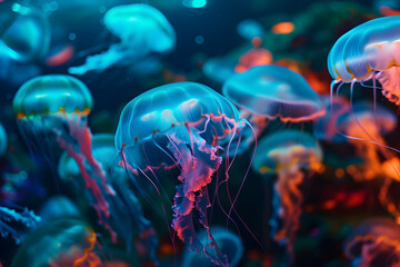 glowing sea jellyfishes on dark background, neural network generated image - obrazy, fototapety, plakaty
