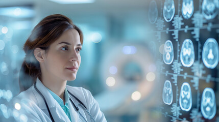 Female doctor looking at multiple MRI brain scan diagram in hospital