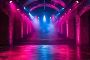 Stage illuminated by intense blue lights in a brick-walled hall