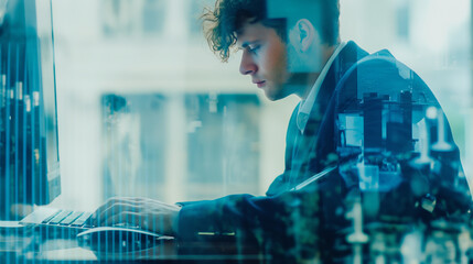 Businessman sitting in front of a laptop in an office, shot with multiple exposure effect
