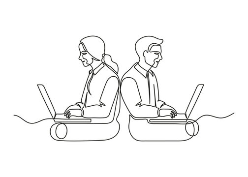 Group office people work on laptop, continuous one line drawing. Teamwork, learning or business, partnership in work. Simple single minimalism outline style. Vector