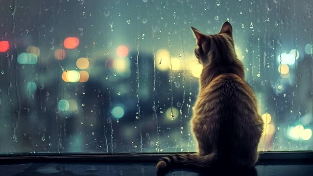 Midnight Watch: Cat's Gaze Captivated by the Rain through the Window. Cozy Atmosphere Seamless looping 4k time-lapse virtual video animation background