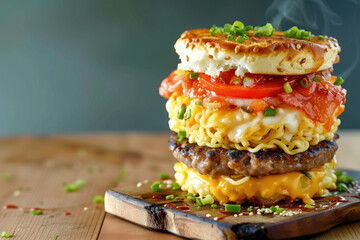 Trendy Ramen Burger Creative Composition., street food and haute cuisine