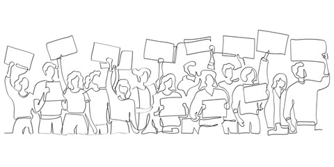 hand drawn line art vector of people holding placards. People power and protest concept. Freedom of Opinions. Raise Your voices and Address your concerns. Human Rights. Causes to fight for