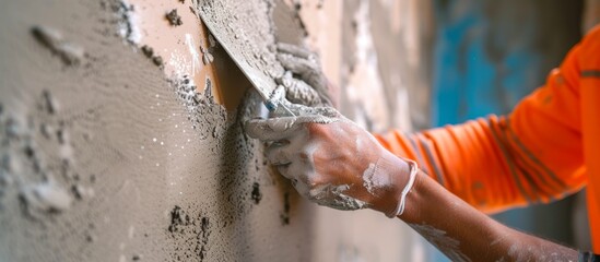 Skilled worker using a paint roller to plaster a wall in construction site