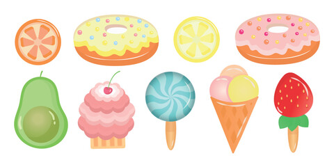 Set of cute summer illustrations, food stickers for summer party: fruit, strawberry, cocktail, ice cream, cake, avocado, watermelon, vector illustration, eps 10