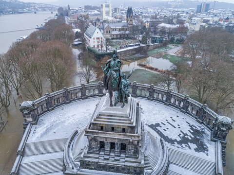Flooding high water Koblenz Germany historic monument German Corner winter where rivers rhine and mosele flow together