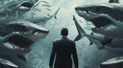 Businessman Sharks Business Risk Danger Concept - obrazy, fototapety, plakaty