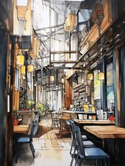 Naklejka premium Metropolis Coffee Break: Aesthetic Urban Cafe Sketches in Modern Landscape