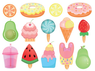 Set of cute summer illustrations, food stickers for summer party: fruit, strawberry, cocktail, ice cream, cake, avocado, watermelon, vector illustration, eps 10