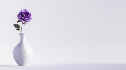 Isolated purple rose in a white vase On a white background with copy space.