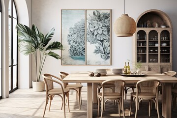 Chic Mediterranean Dining Room Decor: Concrete Accents and Stylish Wall Art Ideas