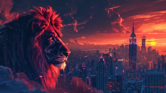 Leading strategically CEO lion skyscraper office evening tablet corporate power red 21st Century skyline solo AI market predict