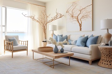 Coastal Style Living Room with Comfortable Rug and Twig Decorations in Elegant Apartment