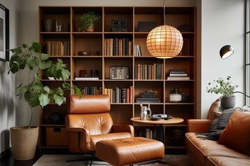 Brown Leather Armchair Designs, Grid Shelving, and Pendant Lighting: A Chic Apartment Interior