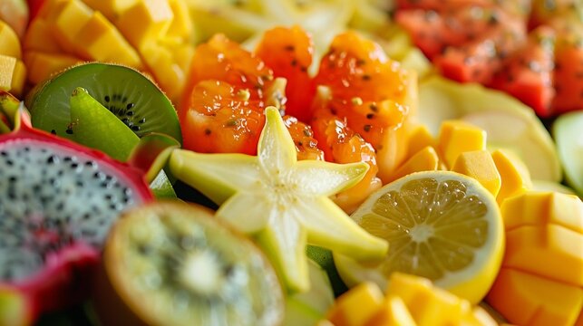 Close-up shot of exotic fruits like starfruit, dragonfruit and passionfruit, generative AI, background image