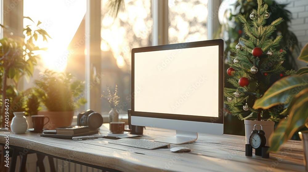 Poster Computer monitor with blank screen on wooden desk in contemporary minimalist home office with outside the window. Generative AI.