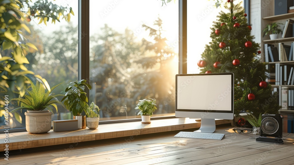 Poster Computer monitor with blank screen on wooden desk in contemporary minimalist home office with outside the window. Generative AI.