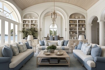 Coastal Textile Lounge: Arched Ceiling Home Designs with Fabric Seating