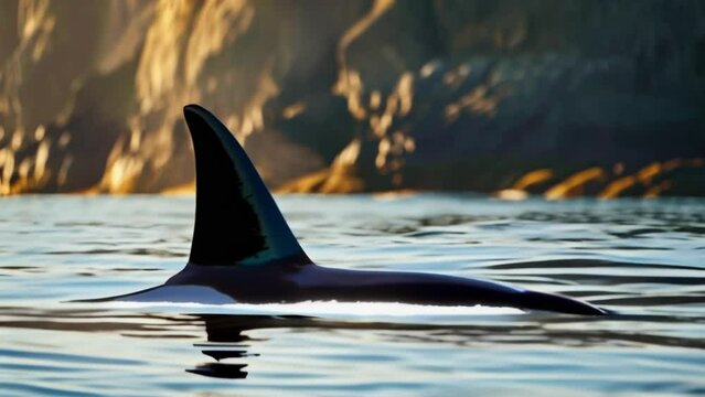 Closeup of a mive orcas dorsal fin towering above the water glistening in the sunlight as it glides effortlessly in perfect parallel