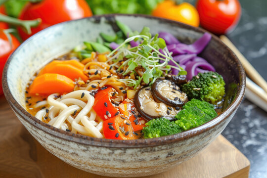 Colorful Udon Noodle Bowl Arrangement, street food and haute cuisine