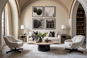 Arched Ceiling Home Designs: Flat Armchairs, Chic Wall Art, and Laminate Touches