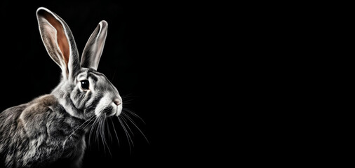 Fototapeta premium a fluffy rabbit on a dark background. decoration for a Happy Easter. graphic drawing. artificial intelligence generator, AI, neural network image. background for the design.