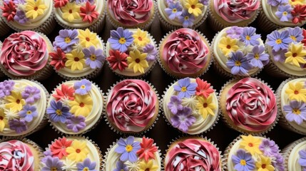 Fototapeta na wymiar Vibrant tray of cupcakes adorned with beautiful edible flowers for special occasions