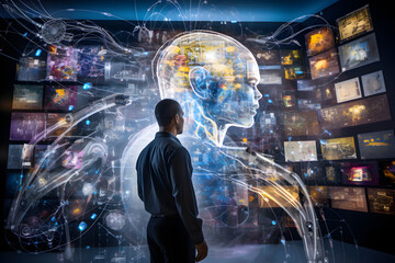 Obraz premium Menschen geben der künstlichen Intelligenz eine Gestalt in Form von einem Hologramm