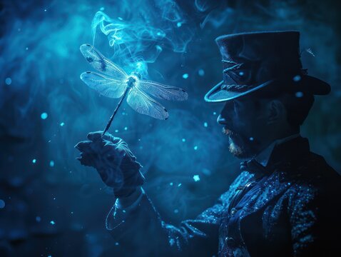 Performing magic magician dragonfly stage dusk magic wand fantasy midnight blue Victorian spotlight solo AI illusion generator
