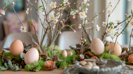 Easter table setting with eggs and spring blossoms, festive decor.