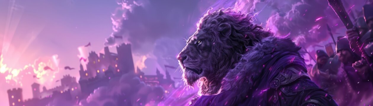 Protecting the kingdom knight lion medieval fortress dusk sword high fantasy royal purple Middle Ages torchlight squad AI defense strategist