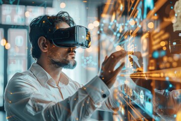 Fototapeta na wymiar Man using virtual entertainment with virtual reality goggles. Generative AI