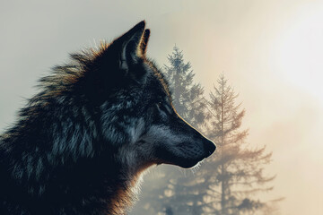 wallpaper of a wolf in double exposure of forest, silhouette 