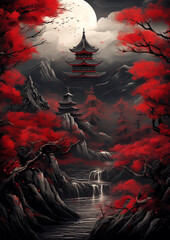 artwork of an asian landscape and with red blossom and mountains