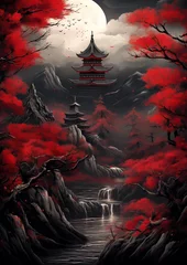 Foto op Canvas artwork of an asian landscape and with red blossom and mountains © Stefan
