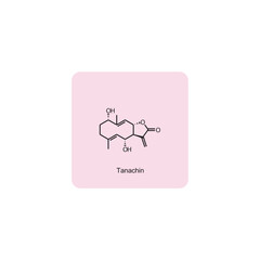 Tanachin skeletal structure diagram.Sesquiterpene compound molecule scientific illustration on pink background.