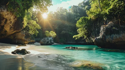 Gordijnen Tropical beach landscape in sunny summer day. Turquoise waters. 300 dpi © QuantumLightAtelier
