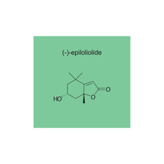 (-)-Epiloliolide skeletal structure diagram.Sesquiterpene compound molecule scientific illustration on green background.