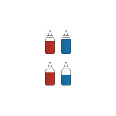 Set of 4 blue, red medication ear, nose or eye drops bottle icons - simplified vector illustration elements to use in web and product design, advertisement and more.